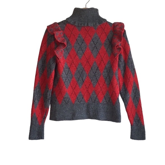 Zara Argyle Turtleneck Ruffle Mohair Blend Red Grey Black Sweater, size S - Picture 6 of 15